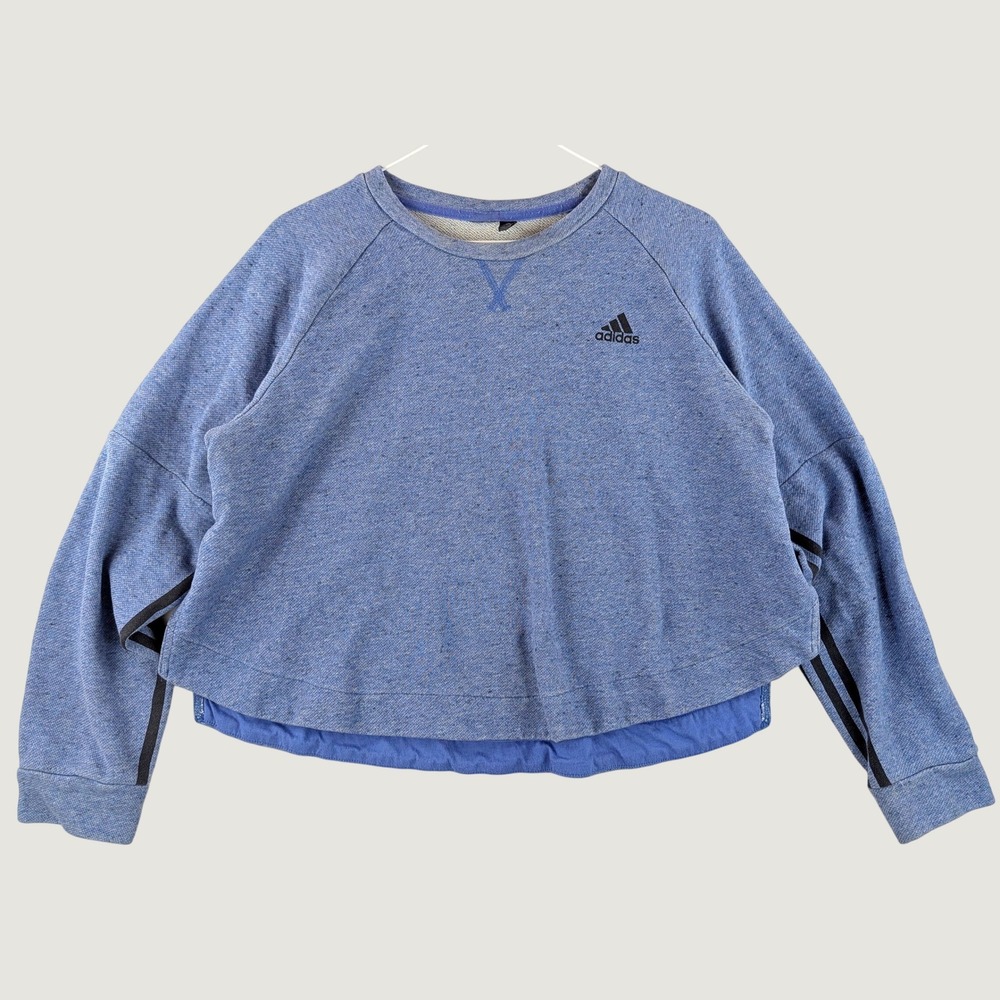 Adidas Women's L Blue Heather Cropped 3-Stripe Raglan Sweatshirt Pullover